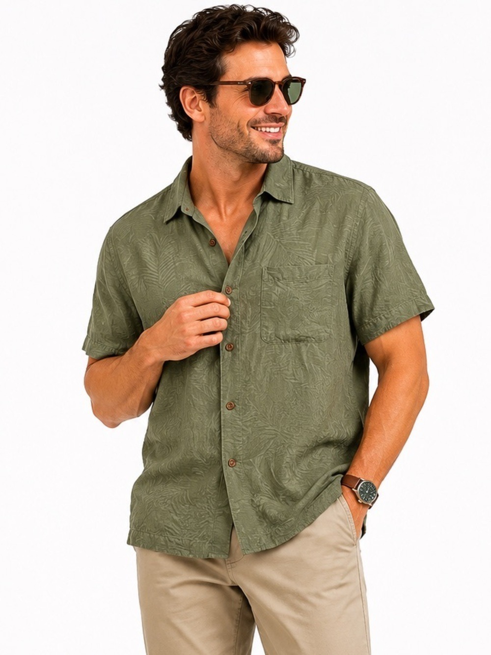 Havana Jack’s Cafe Hawaiian Shirt Size XL Green 100% Silk Casual Short Sleeve